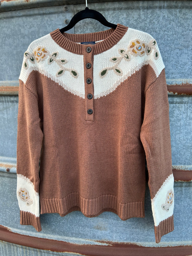 Western Floral Henley Sweater