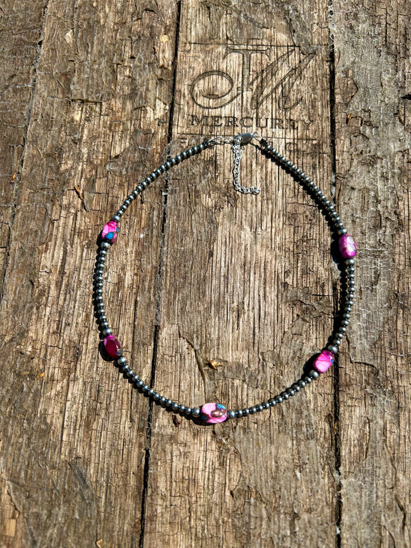 Dyed Pink Turquoise Choker and Sterling Silver Pearls