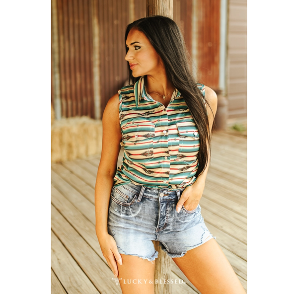 Jade Aztec Western Sleeveless Top