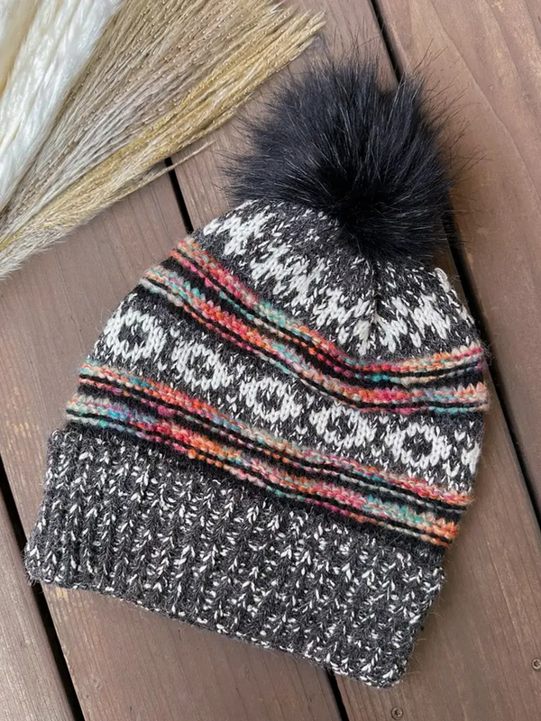 Aztec Knit Beanie with Faux Fur Pom - Two Colors!